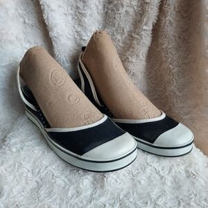 No Boundaries Navy & White Polka Dot Wedge Sling Back Sandals 7 Pin-Up Casual
